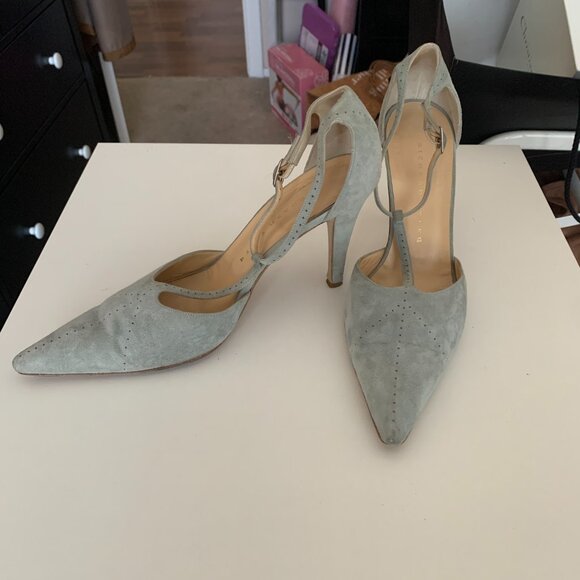 Designer Dove Blue Suede Stiletto T-Strap Heels - Picture 2 of 11